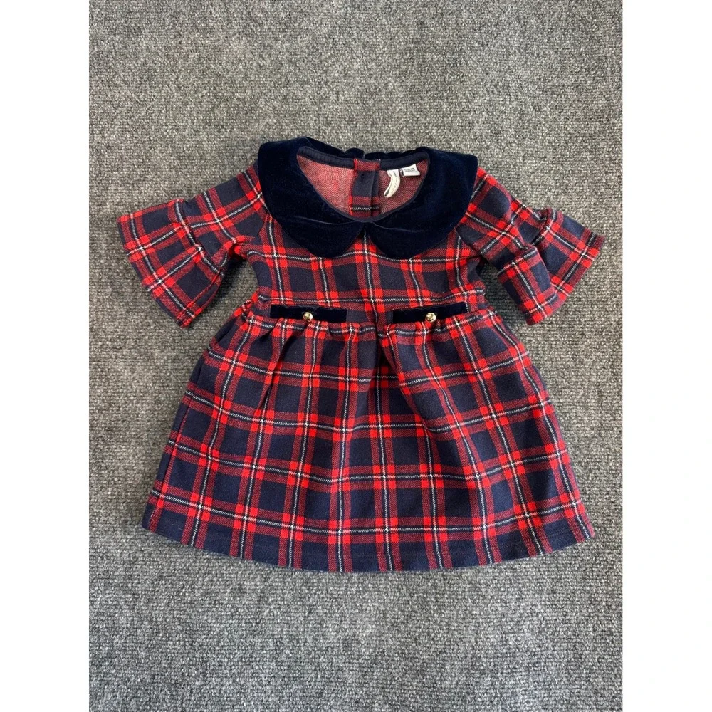 Janie and Jack Red Navy Plaid Velvet Collar Dress 18-24 Months
